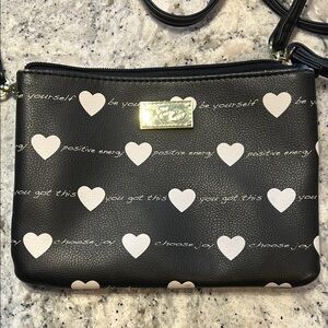 Betsey Johnson Black Crossbody Bag with White Hearts 8” X 6”